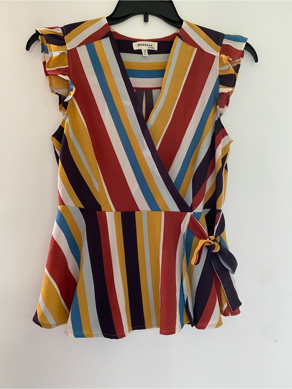 Monteau Multi-Stripe Wrap Peplum Top - Mustard/Red/Blue
